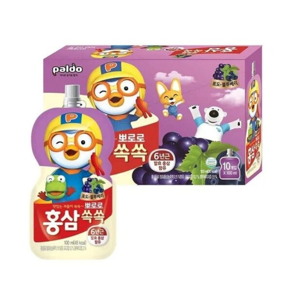 Nước Hồng Sâm Trẻ Em Pororo Paldo 10 gói (vị cam, táo, nho) - Hình ảnh 3